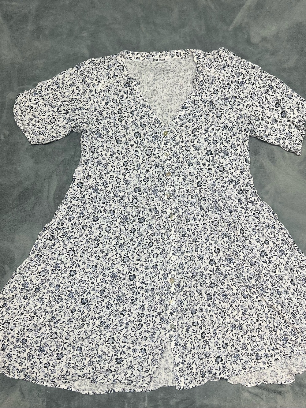 White & Navy Floral Button-Front Women’s Dress